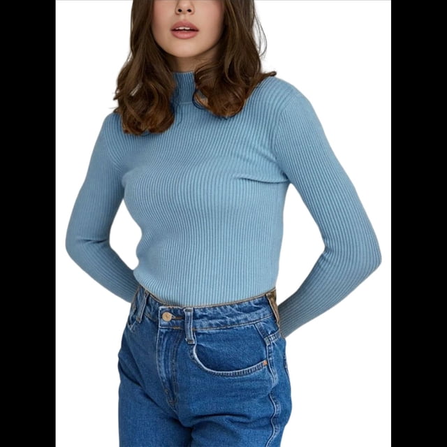 Suéter de Cuello Alto Acanalado para Mujer, Larga, Blusa Térmica de Peso Medio Azul Mar un Tamaño