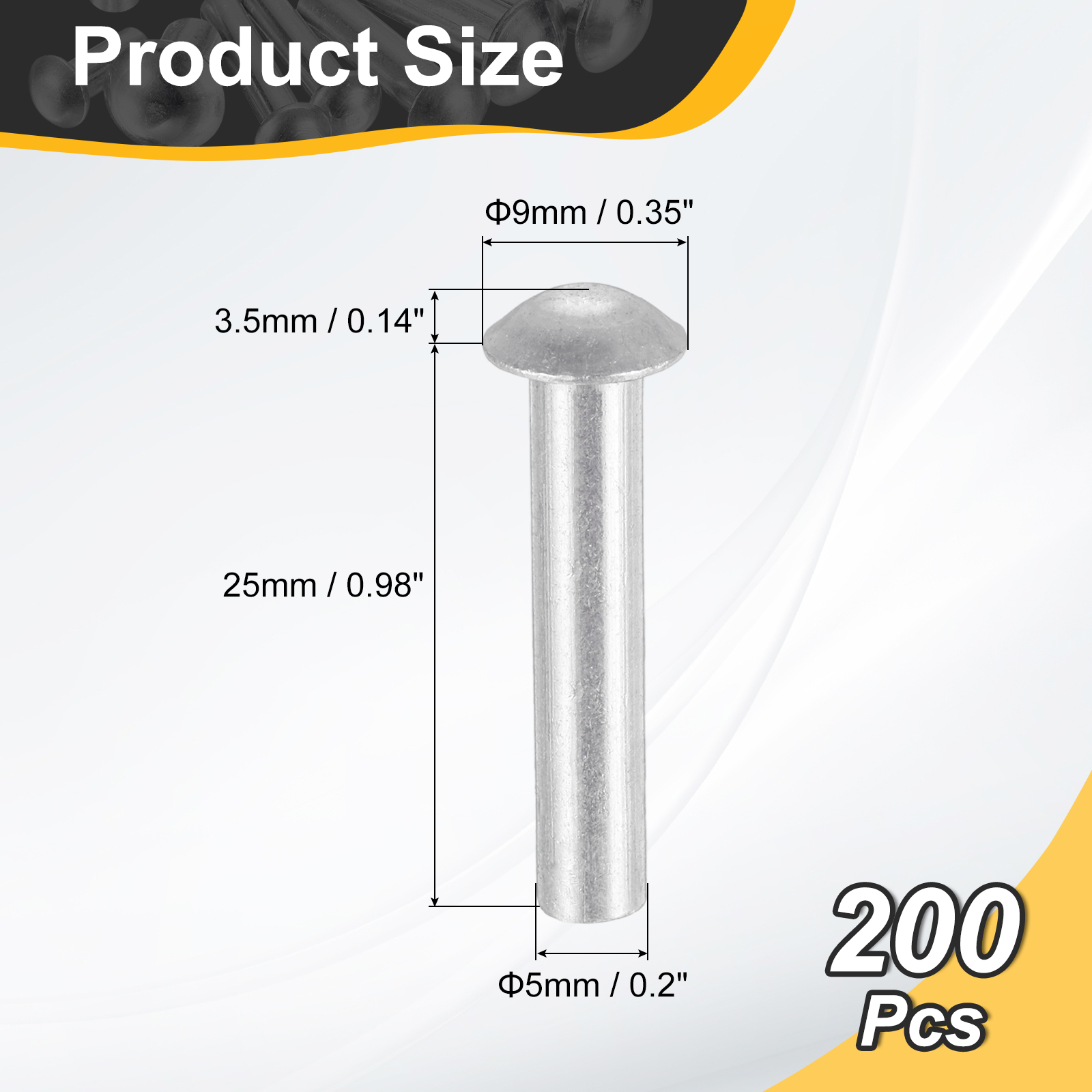 200Pack Brazier Head Rivets, M5 x 25mm Aluminum Solid Rivets, Silver Tone