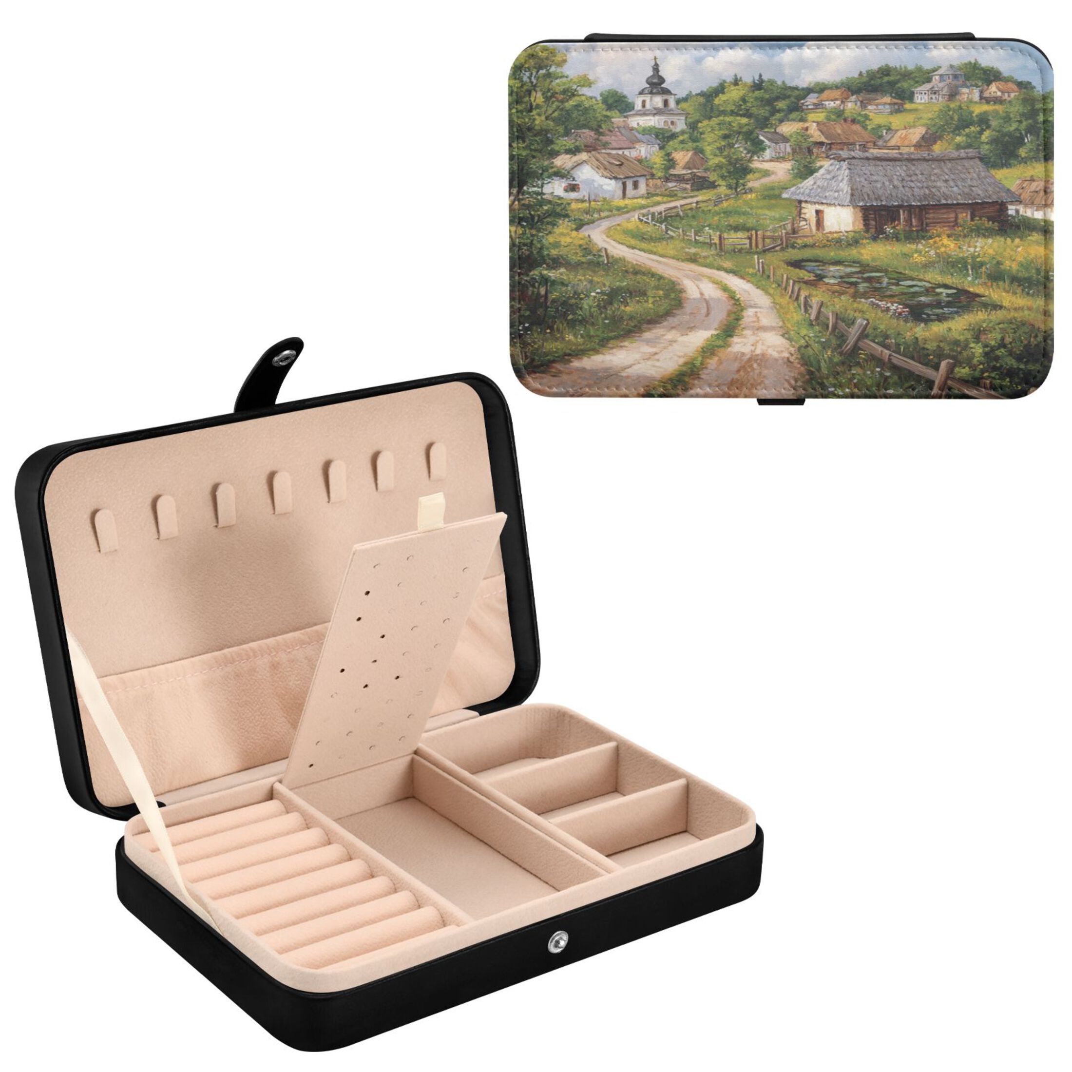 Leather Jewelry Box Rectangular 8.27x5.5x1.78In Travel Jewelry Storage Earrings Necklace Bracelet Watch Brooch Storage Cartoon Village
