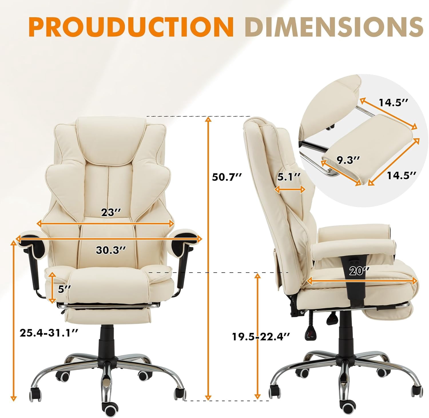 Homrest 6-Point Massage Executive Office Chair for Adults, Heated Ergonomic Home Desk Chair with Adjustable Footrest, Armrests & Backrest (Beige)