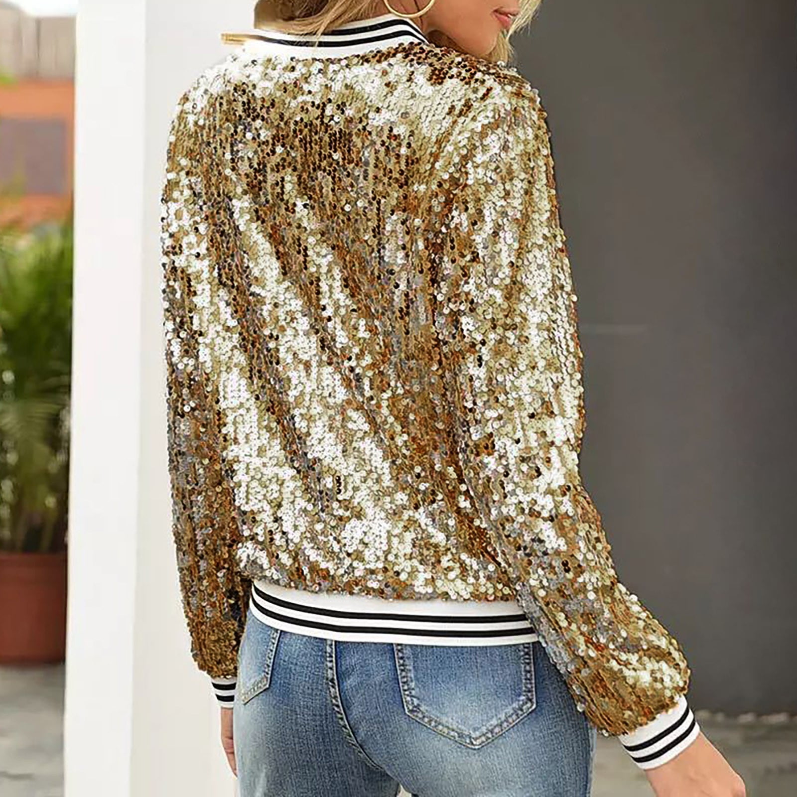 TJAZFJPA Blue Jacket Ladies Sequin Sequin Stripe Long Sleeve
