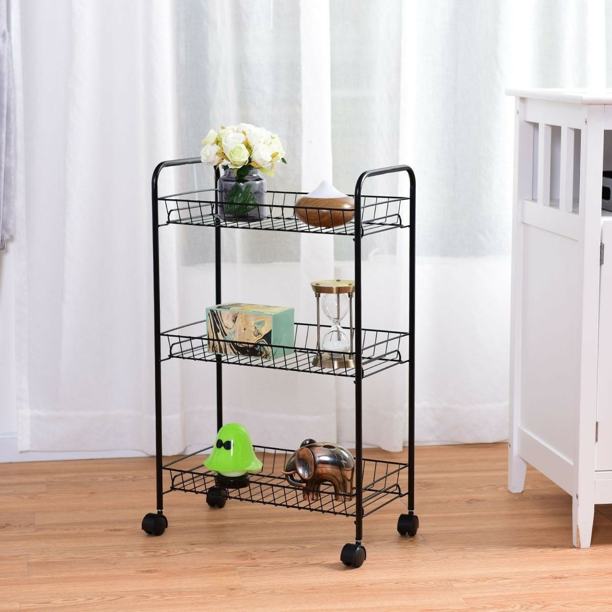 3 Tier Wire Kitchen Utility Trolley Rolling Cart with Storage Shelf