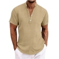 thumbnail image 2 of Cotton Henley for Men Casual T-Shirts Summer V Neck Short Sleeve Solid Color T-Shirt Band Collar V Neck Button Tops Beach Vacation Tees, 2 of 6