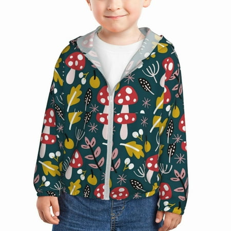 

Qekee Cartoon Leaf Mushroom Red Print UPF 50+ Kids Sun-Protective Hooded Long Sleeve Rash Guard for Fishing Water Beach Sports -5 Years
