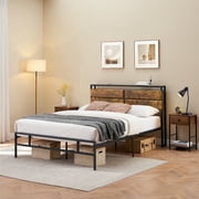 15.6in Metal Full Size Platform Bed Frame with Storage Bedside, Rustic Vintage Wood Headboard, Mattress Foundation, Strong Metal Slats Support, No Box Spring Needed