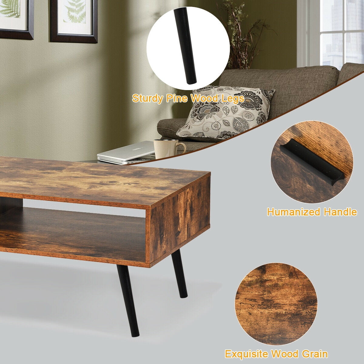 Gymax Retro Coffee Table Mid Century Modern Living Room Furniture w/Open Storage Shelf