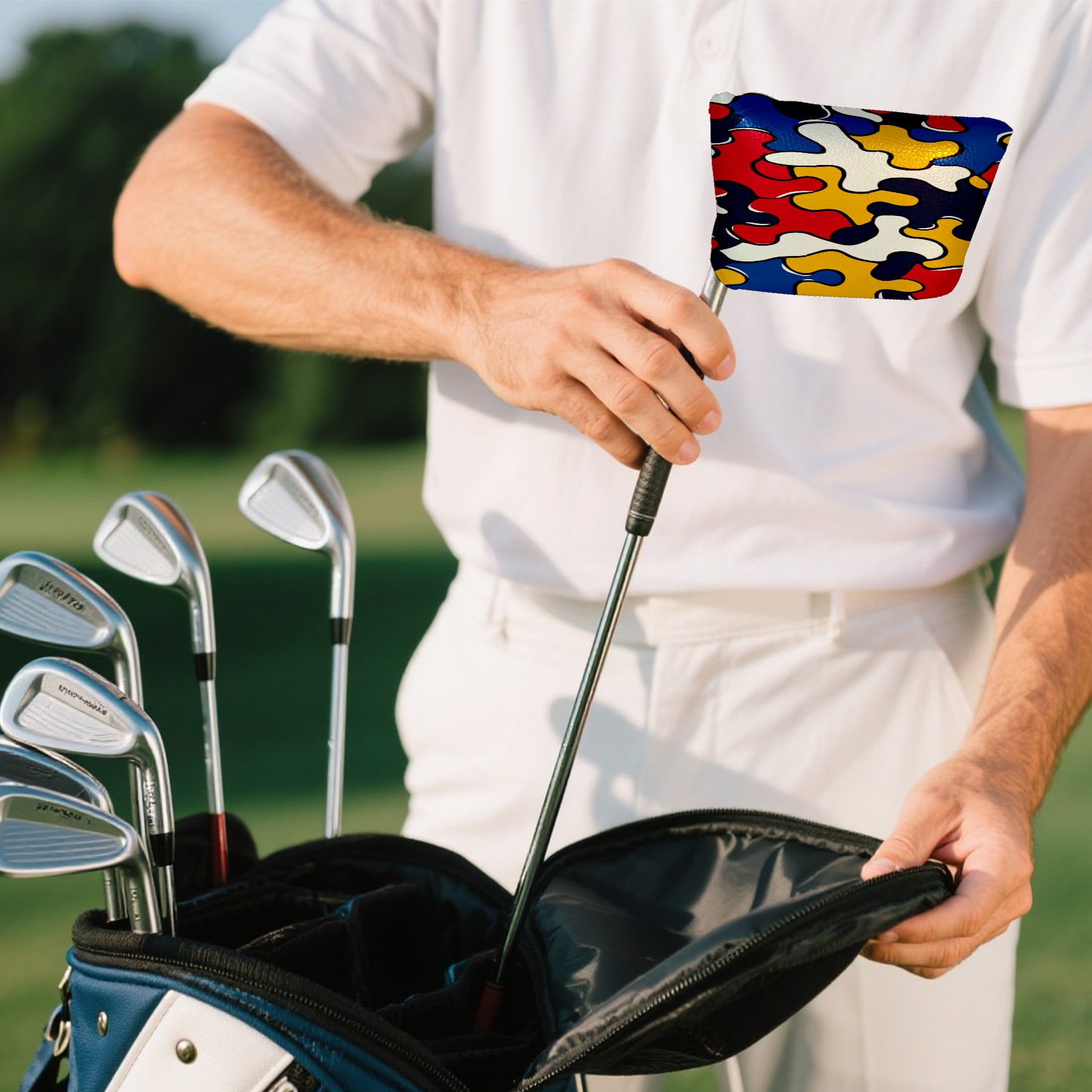 Golf Mallet Putter Cover Premium Leather Waterproof Golf Putter Head Cover with Magnetic Closure Puzzle Pieces