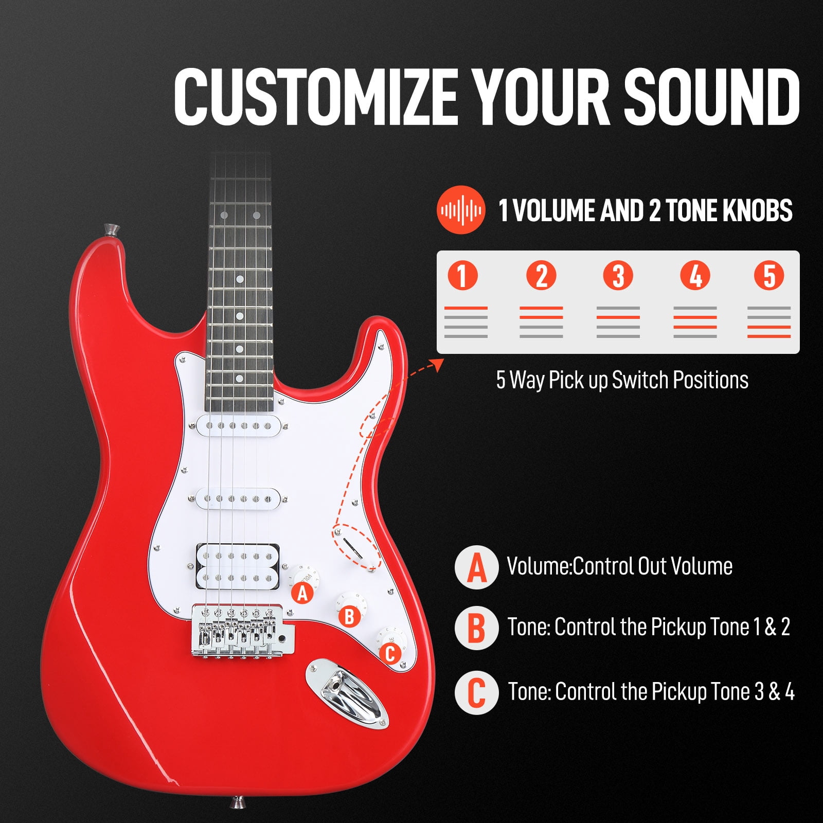 Ktaxon KST 39in Electric Guitar Starter Kit with 5W Bluetooth Amp, Gig Bag, Strap & Accessories – Right-Handed, H-S-S Pickups, Red