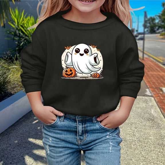 Boys Sweatshirts Boys Girls Spooky Print Crew Neck Long Sleeve Pullover Hoodless Top Black 5-6 Years
