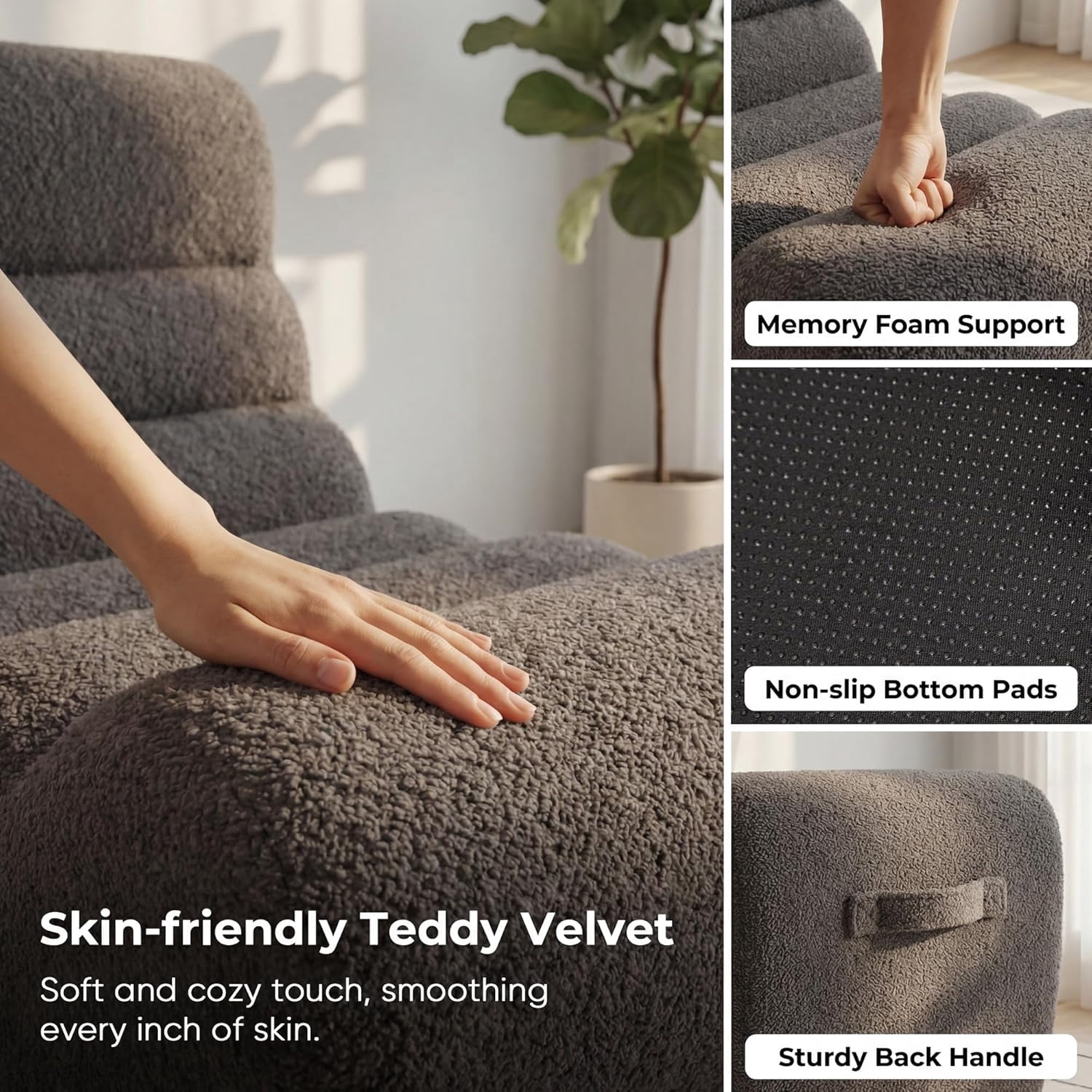 Springg Bean Bag Chairs for Adults, Chaise Lounge Chair Indoor with Memory Foam, Cozy Reading Chair with Convenient Movable Handle for Living Room, Apartment, Home Theater (Grey)