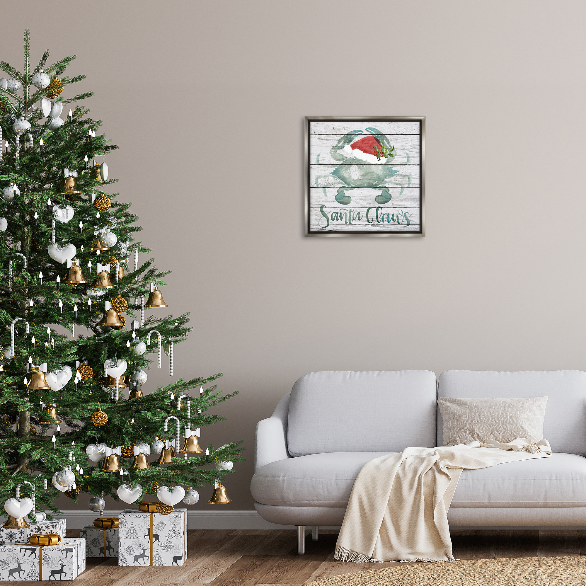 Stupell Industries Blue Crab Nautical Christmas Pun Nature Painting Gray Floater Framed Canvas Art Print Wall Art, 25 x 25