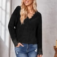 thumbnail image 3 of Women V Neck Shirts Lace Patchwork Drop Shoulder Sleeves T Shirt Pure Color Long Sleeves Pullover Black S, 3 of 6