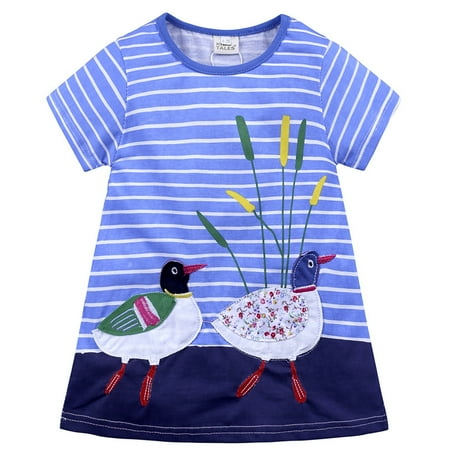 

TAIAOJING Toddler Baby Girl Dress Kids Cotton Short Sleeve Casual Dress Cartoon Appliques Striped Princess Girls Outfits 6-7 Years