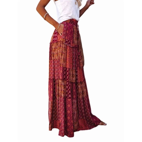 Women's Boho Printed High Waist Tiered Maxi Skirt Red S