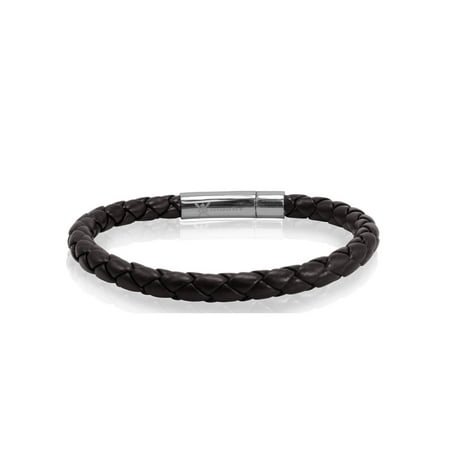 Mens Braided Leather Bracelet - Braided Brown Faux Leather Mens Bracelet 6 mm 8 1/2 inches with Locking Stainless Steel Clasp