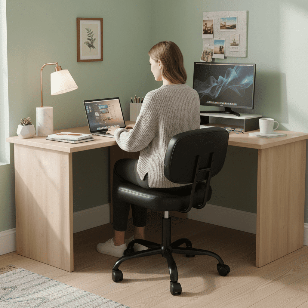 Desk Chair, Armless Activity Chair with Wheels, Comfy Low Back Swivel Task Chair, Black