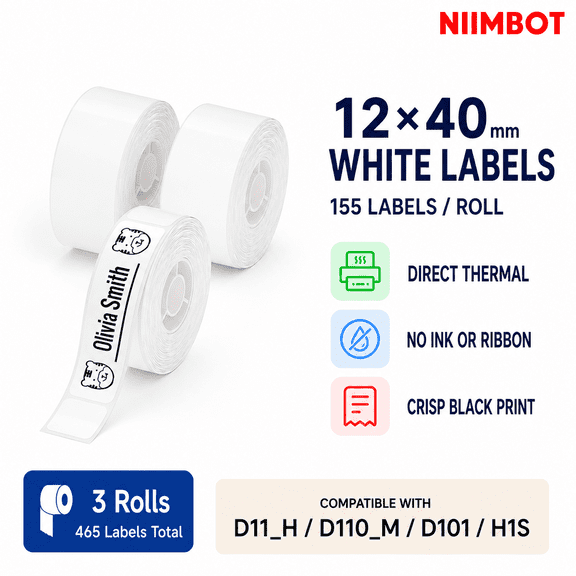 NIIMBOT D11/D110/D110M White Direct Thermal Labels, 12 x 40 mm, 3 Rolls, 465 Self-Adhesive Labels for File Folders, Storage Bins, Jars and Organization