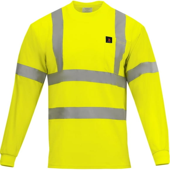 Ironwear 1204FR-L-TP-3-LG ANSI Class 3 Flame Retardant Polyester Long Sleeve Crew Neck SAFETY Shirt with Pocket & 2"" Silver Reflective Tape Lime Large
