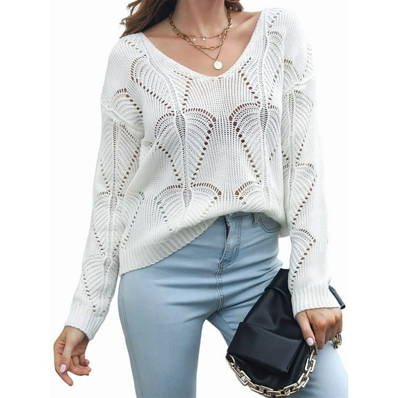 Fall Sweaters Round Neck Crochet Hollow Out Cute Winter Pullover Sweaters for Women Trendy White S