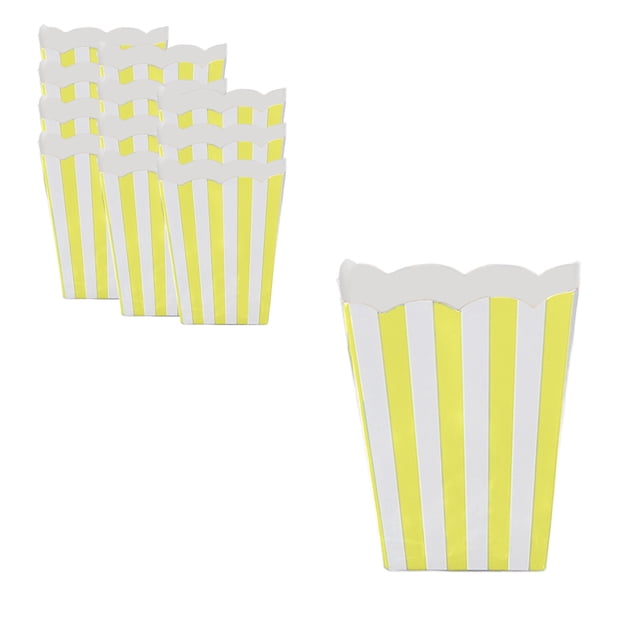 Yellow Striped Popcorn Box For Birthday Party Food Packaging Carton 12Pcs Paper Material Snack Container Dimensions 4.13X2.95X0.78 Inches Net Weight 0.23 Lb
