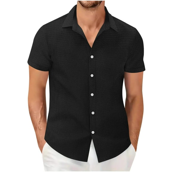 USNSM Mens Button Down Shirt Short Sleeve Casual Shirts Beach Summer Linen Shirts Solid Color Vacation Shirt Black S