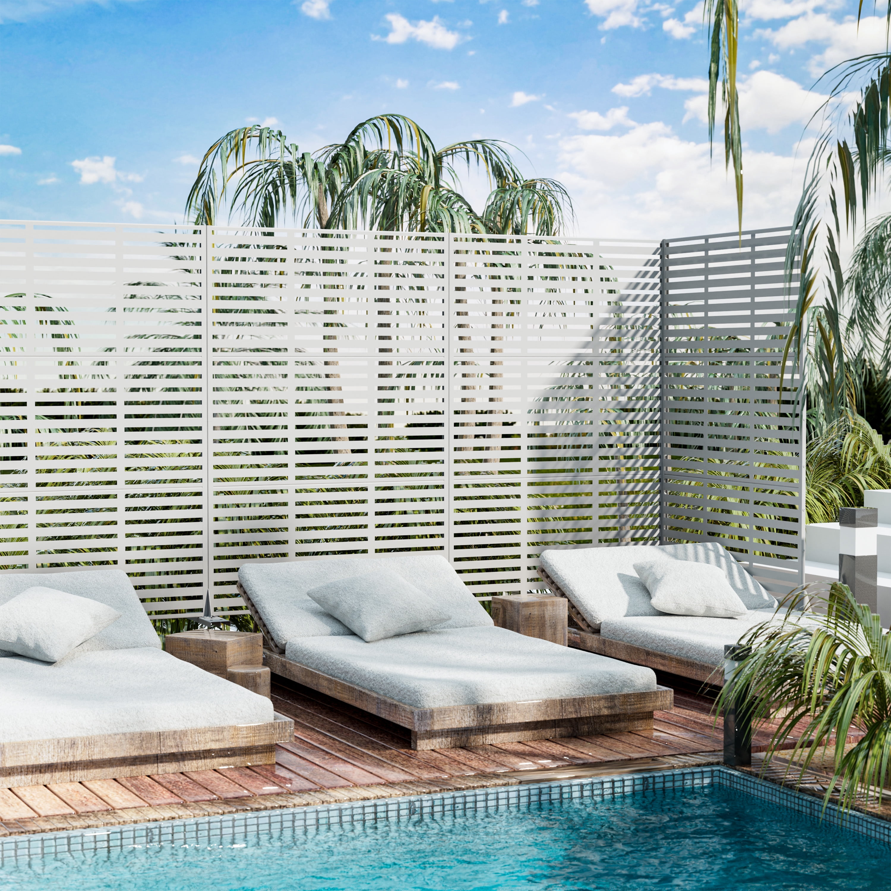 MAYEERTY 72*47" Outdoor White Metal Freestanding Panel Screen for Patio, Wide-Narrow Slat Pattern