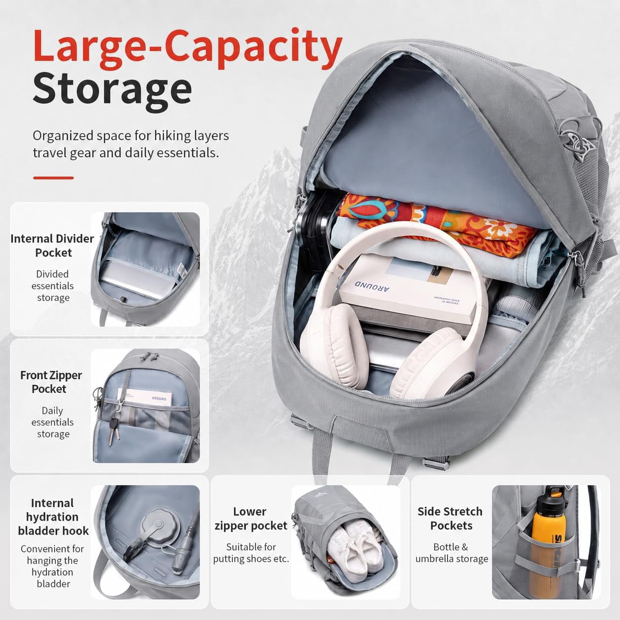 JIDIZHE 25L Hiking Backpack, Water Resistant Daypack with Rain Cover, Lightweight Design, Adjustable Chest Strap & Breathable Back Pad, Unisex for Hiking, Camping & Travel, Grey