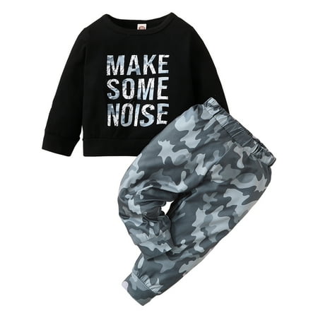 

NZRVAWS Baby Boys Clothes Letter Print Long Sleeve Round Neck Top +Camouflage Print Pants 2Pcs Outfits Set 12-18 Months Black
