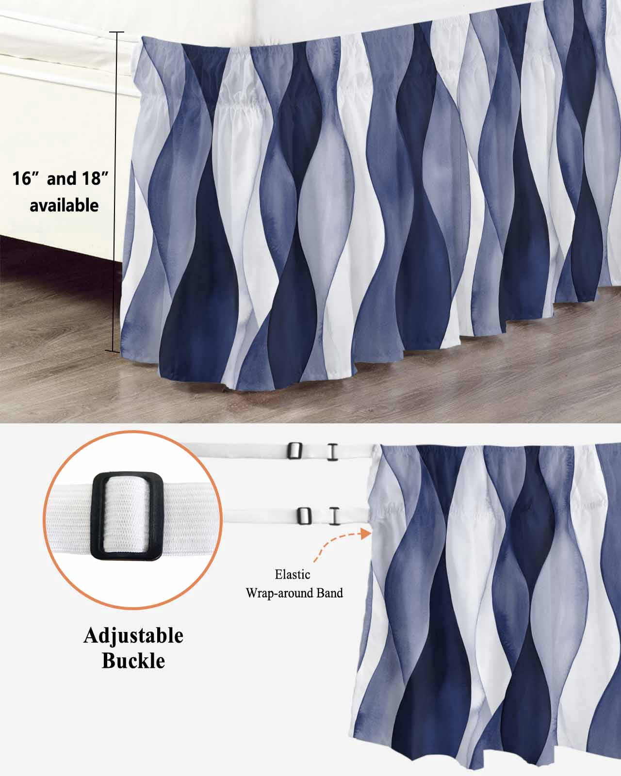 Navy Blue Wrap Around Bed Skirts for Queen Bed 18" Drop, Bed Skirt with Adjustable Elastic Belt Dust Ruffle Bed Valance for Bedroom Hotel Luxury Modern Moire Abstract Ripple Geometric Bed Frame Cover
