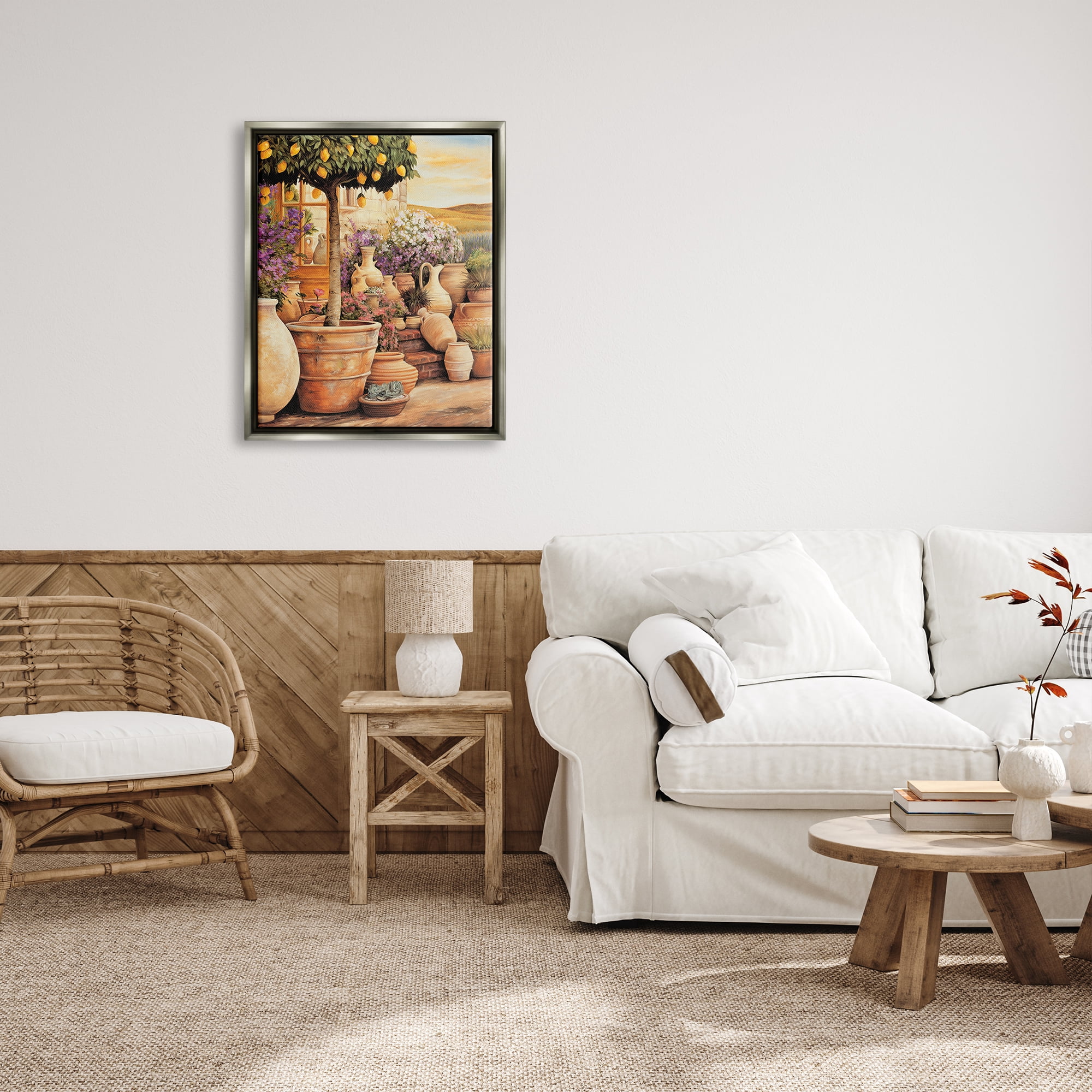 Stupell Industries Lemon Tree on Patio Nature Painting Gray Floater Framed Art Print Wall Art, 25 x 31