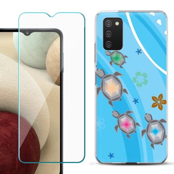 Slim-Fit TPU Fashion Phone Case for Samsung Galaxy A03s, with Tempered Glass Screen Protector, by OneToughShield ® - Happy Turtle