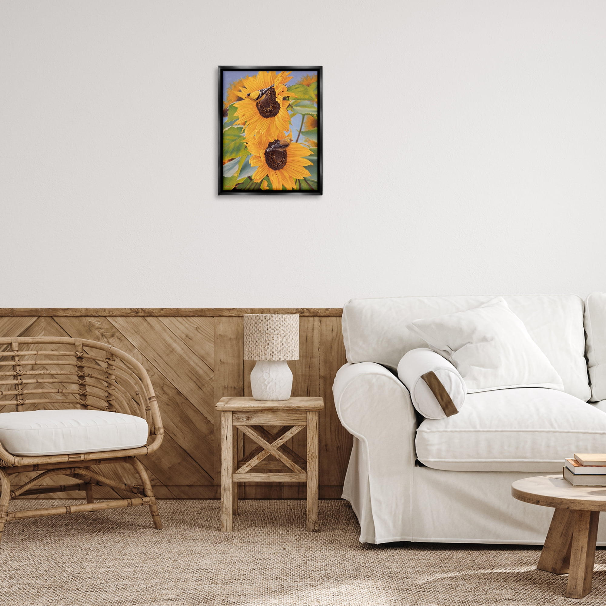 Stupell Industries Yellow Bird & Sunflowers Plants & Flowers Photography Black Floater Framed Canvas Art Print Wall Art, 17 x 21