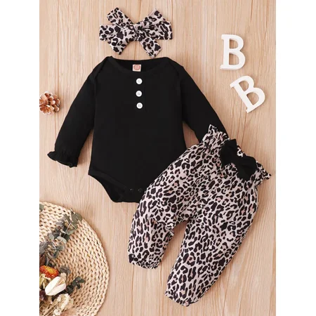 

GEDER-F Baby Girl Long Sleeve Romper & Leopard Printed Pant & Headband 3pcs