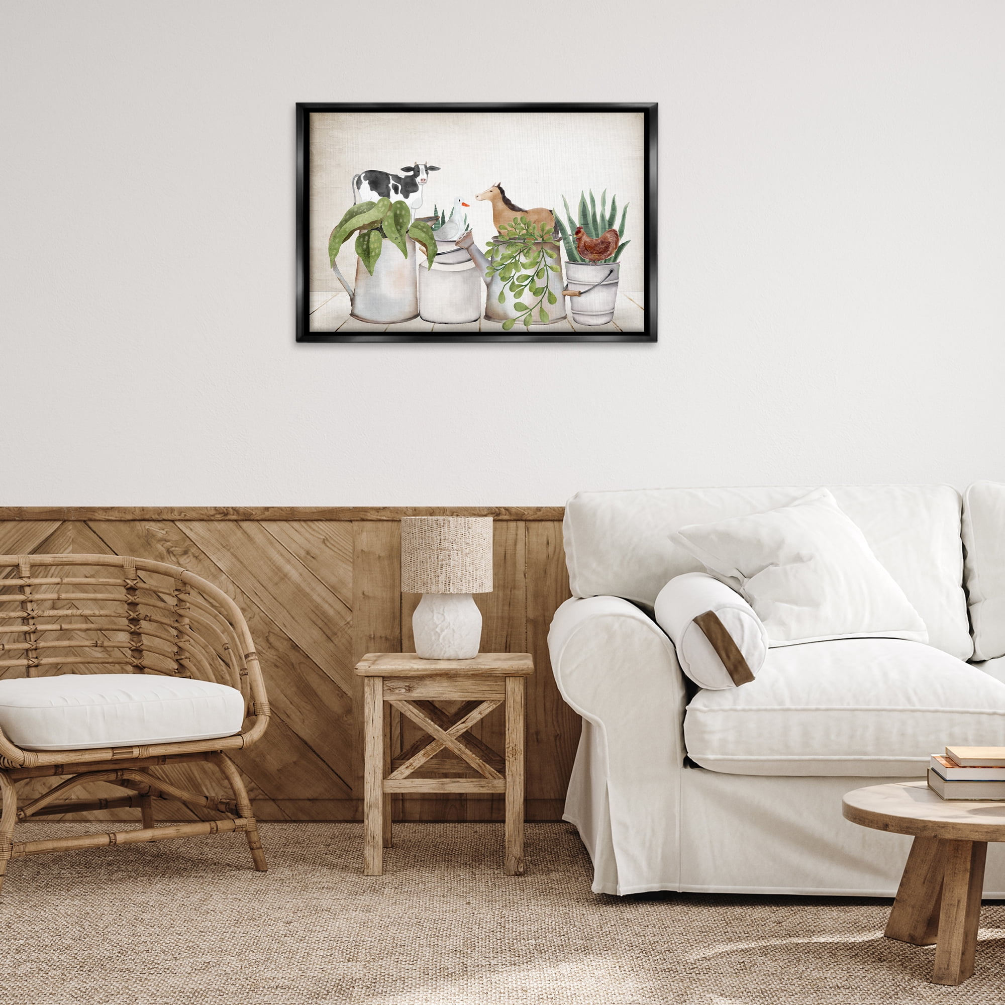 Stupell Industries Tin Farm Animal Plants Botanical & Floral Painting Black Floater Framed Canvas Art Print Wall Art, 31 x 21
