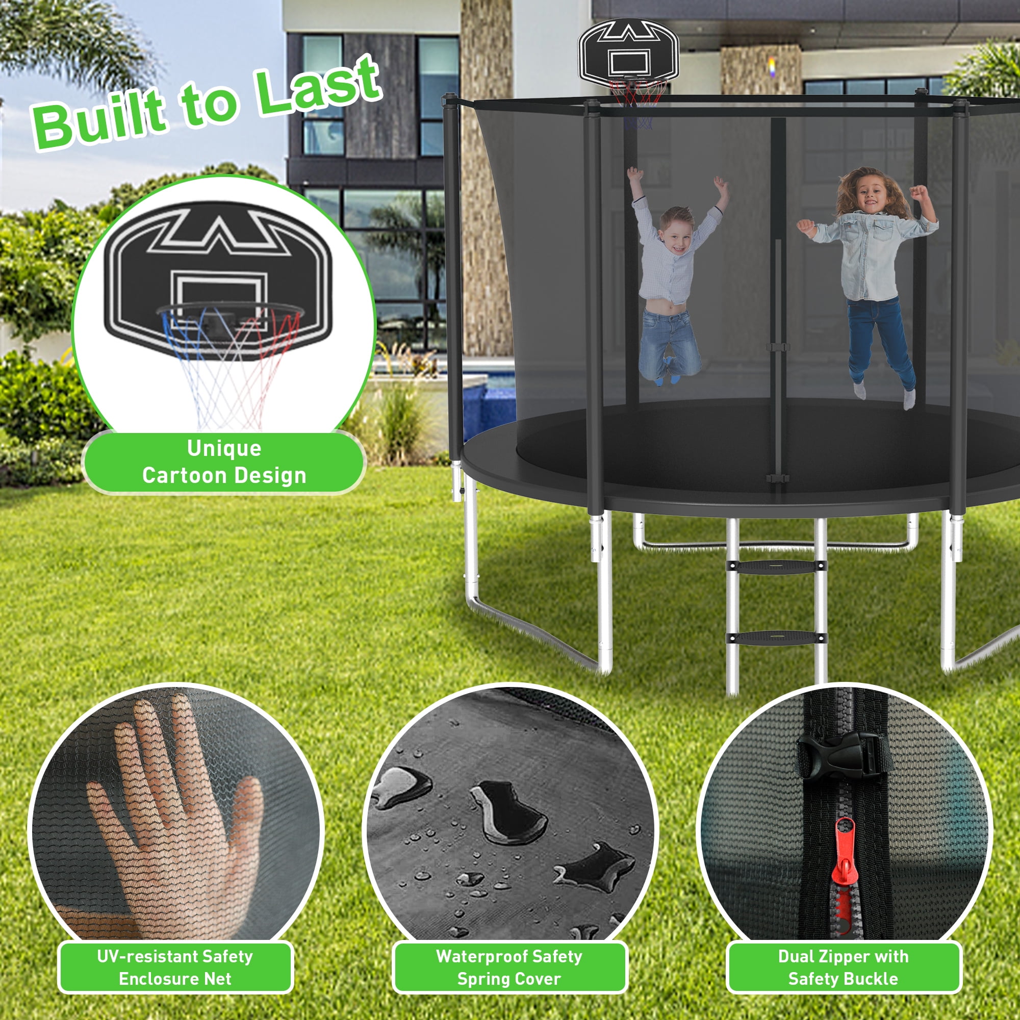 XMIKA Trampoline with Enclosure Net for Kids and Adults, 1000LBS Capacity 10FT Trampoline with Basketball Hoop, Ladder, Outdoor Heavy Duty Trampoline, Black