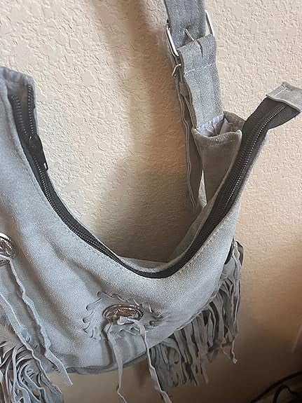 Fringe Suede Leather Purse Bag Cross Body Shoulder Straps Southwest Cabochon~Gray