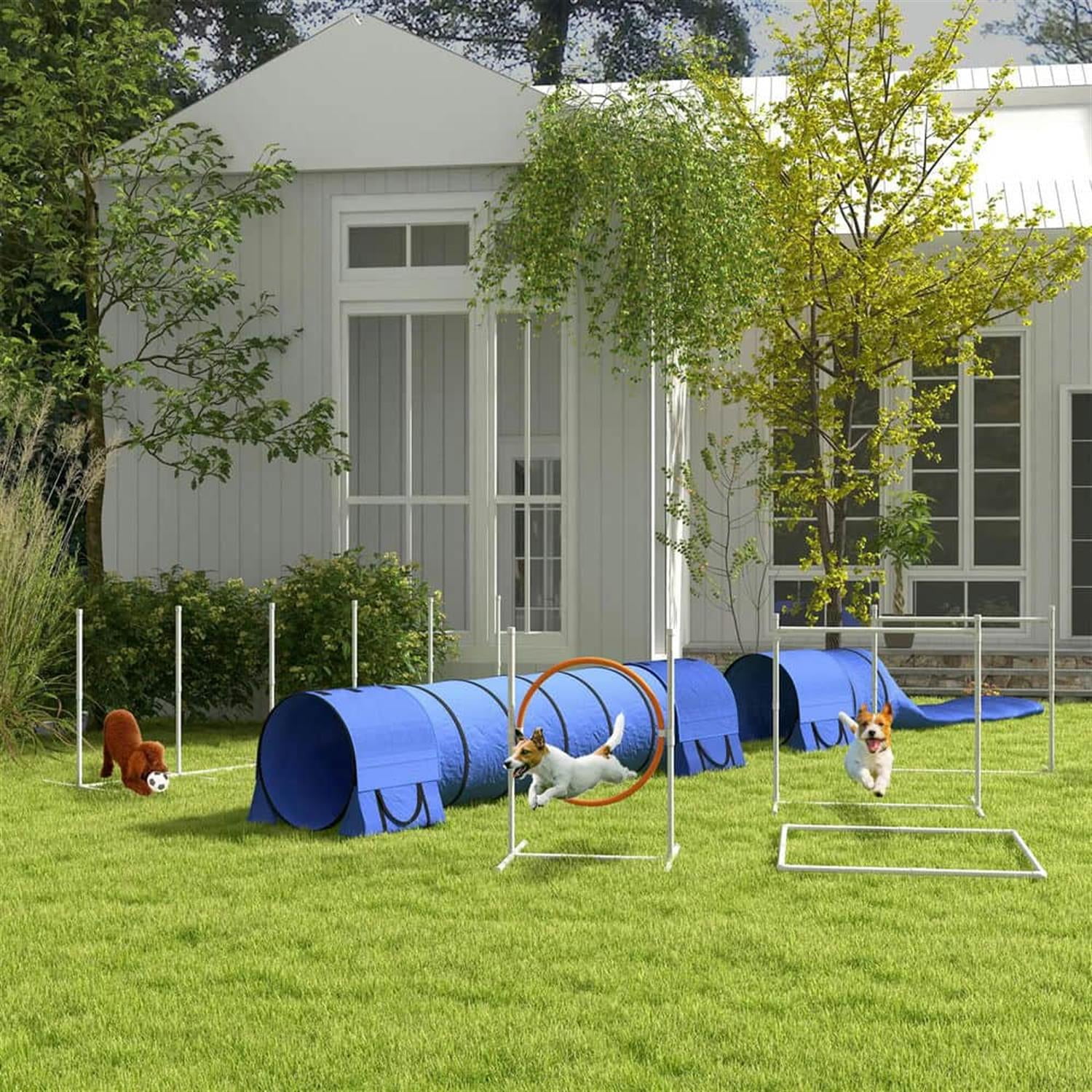 Kadyn 7 Piece Dog Agility Training Set with Tunnels, Weave Poles, Adjustable Hurdle, Jumping Ring, Pause Box for Indoor Outdoor Play, Blue
