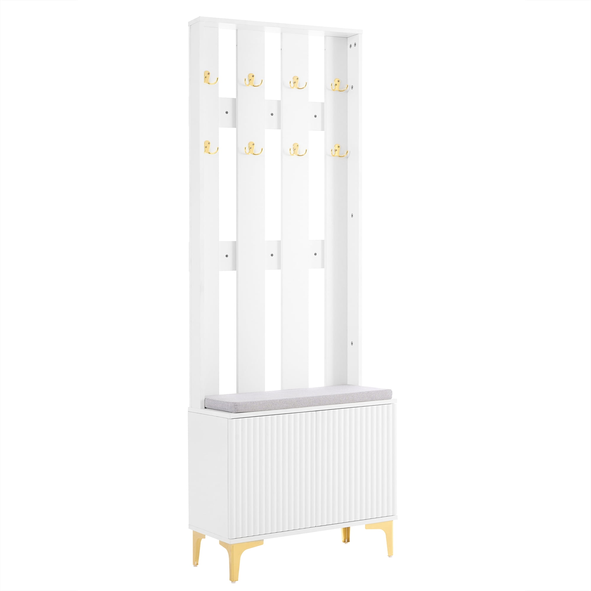 MAYEERTY 4-in-1 Hall Tree: Modern Entryway Bench with Cushion, 8 Gold Hooks, Adjustable Shelves, White