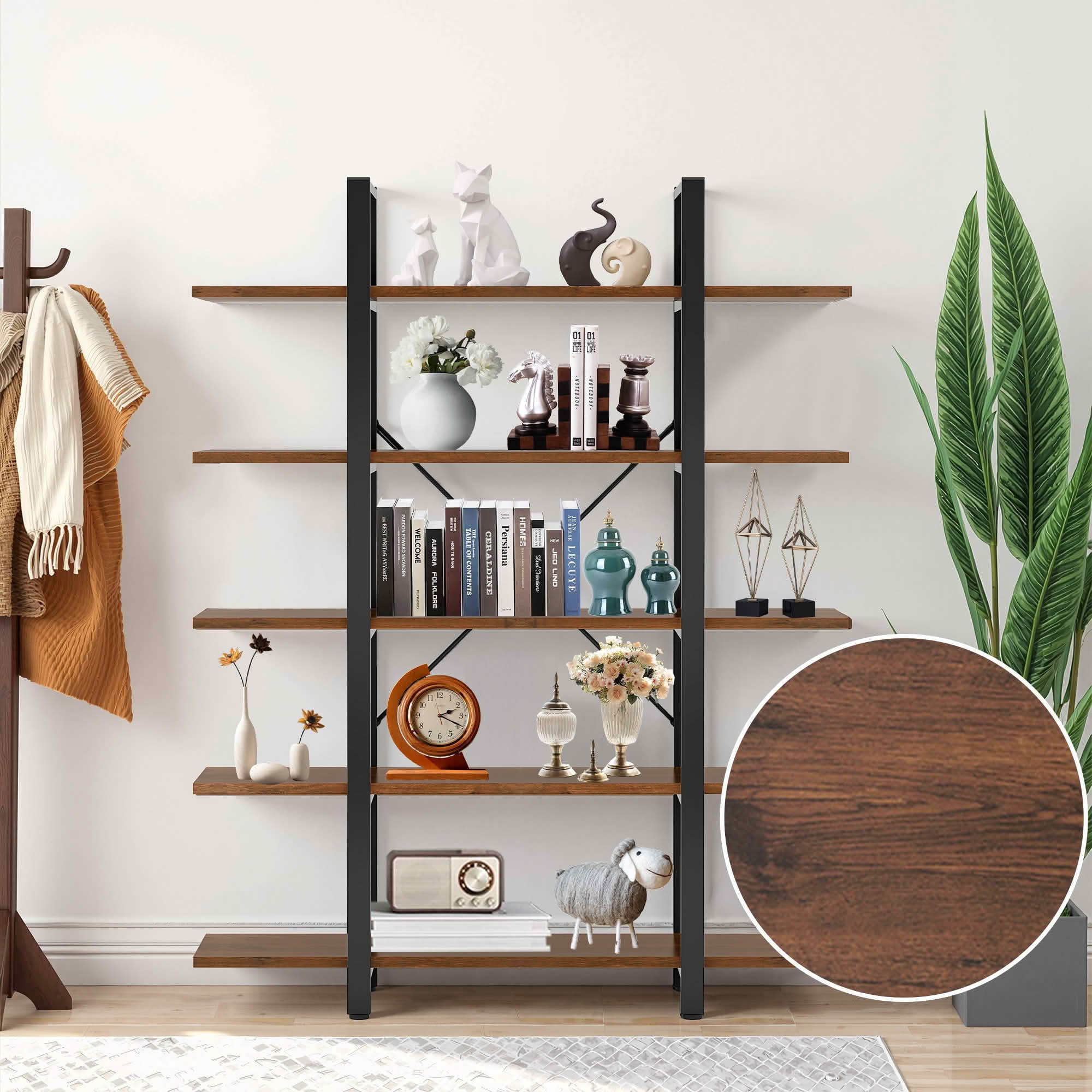 MAYEERTY 72"H 5-Tier Open Etagere Bookshelf, 47 Inch Wide Brown Storage Display Rack, Metal Frame E1 Engineered Wood Bookcase with Adjustable Foot Pads for Living Room Office