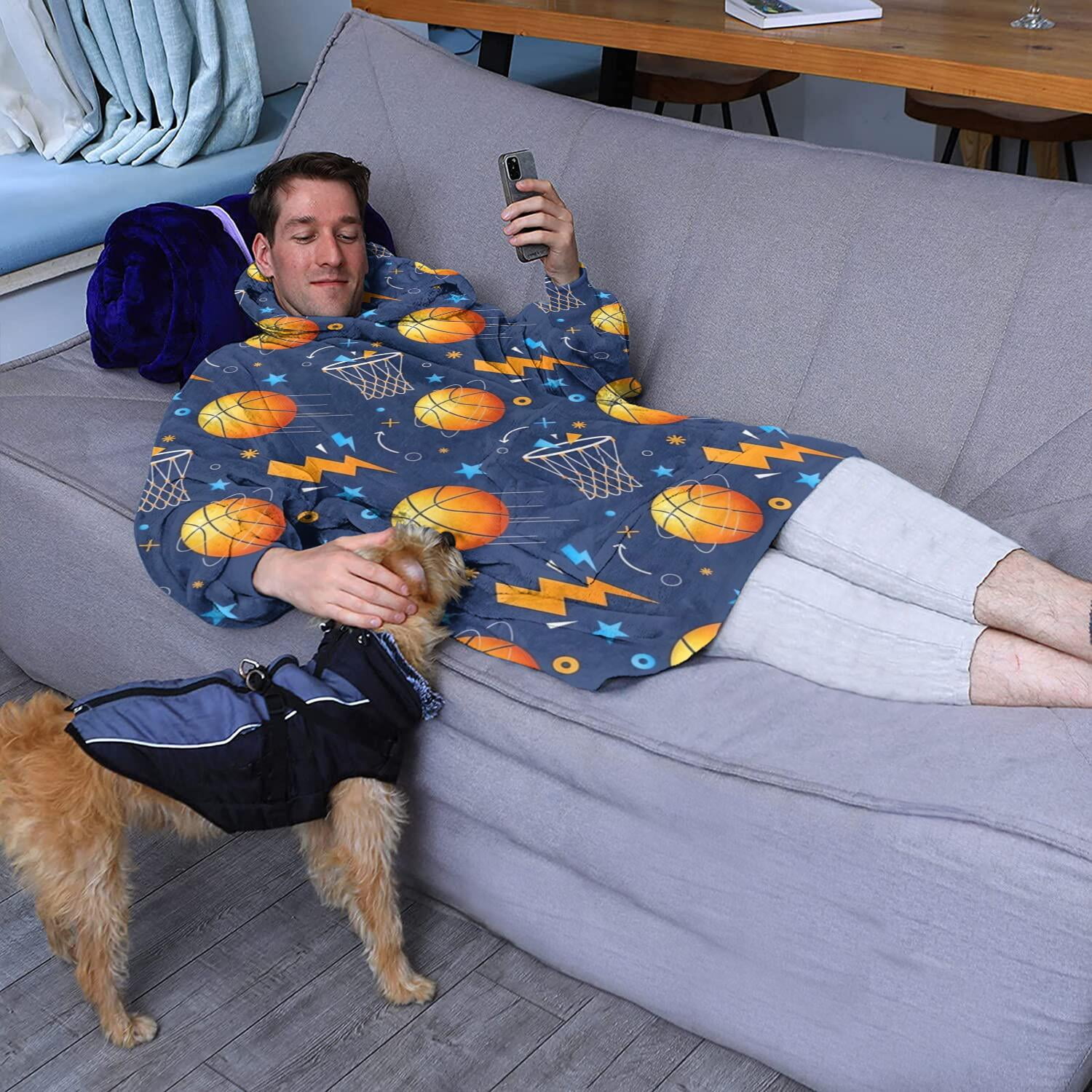 Basketball Theme Pattern Wearable Oversized Blanket,Wearable Blanket Hoodie for Adults,Cozy Hooded Blankets with Super Pockets,Super Warm Fuzzy Pullover for Women & Men