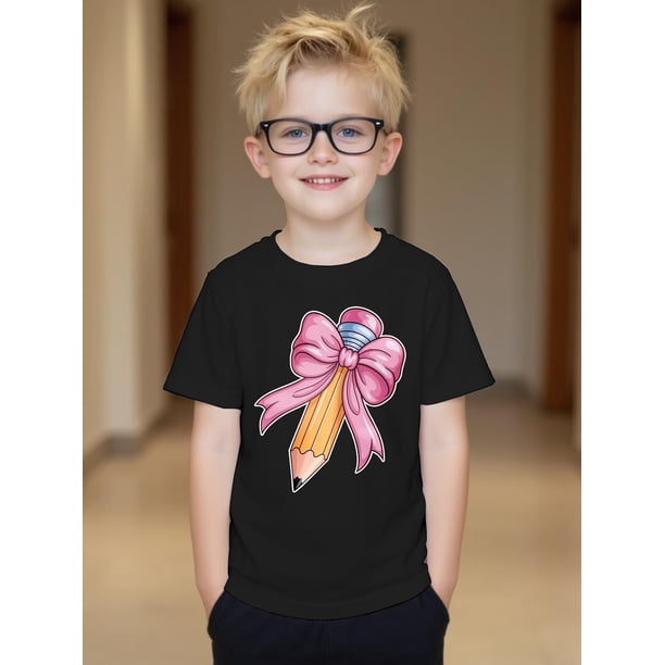 Boys' Cute Graphic T-Shirt - Pink with Pencil & Bow Design, Short Sleeve, Round Neck, Casual Summer Top, Soft Cotton Blend, Youngsters'S Casual Wear | Playful Graphic Tee | Medium Elasticity Fabr