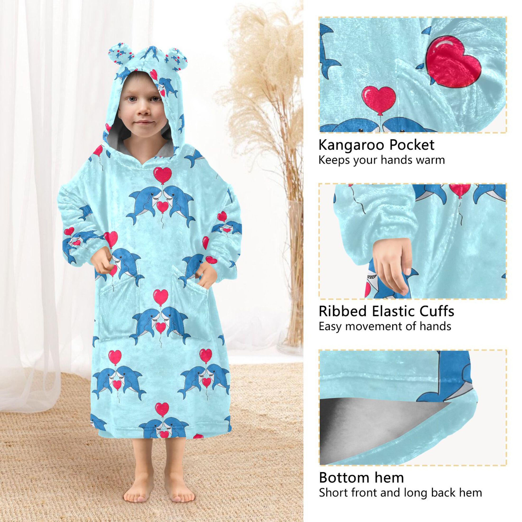joogoo Blanket Hoodie for Shark and Hearts Oversize Sweatshirt 3-14 YR L