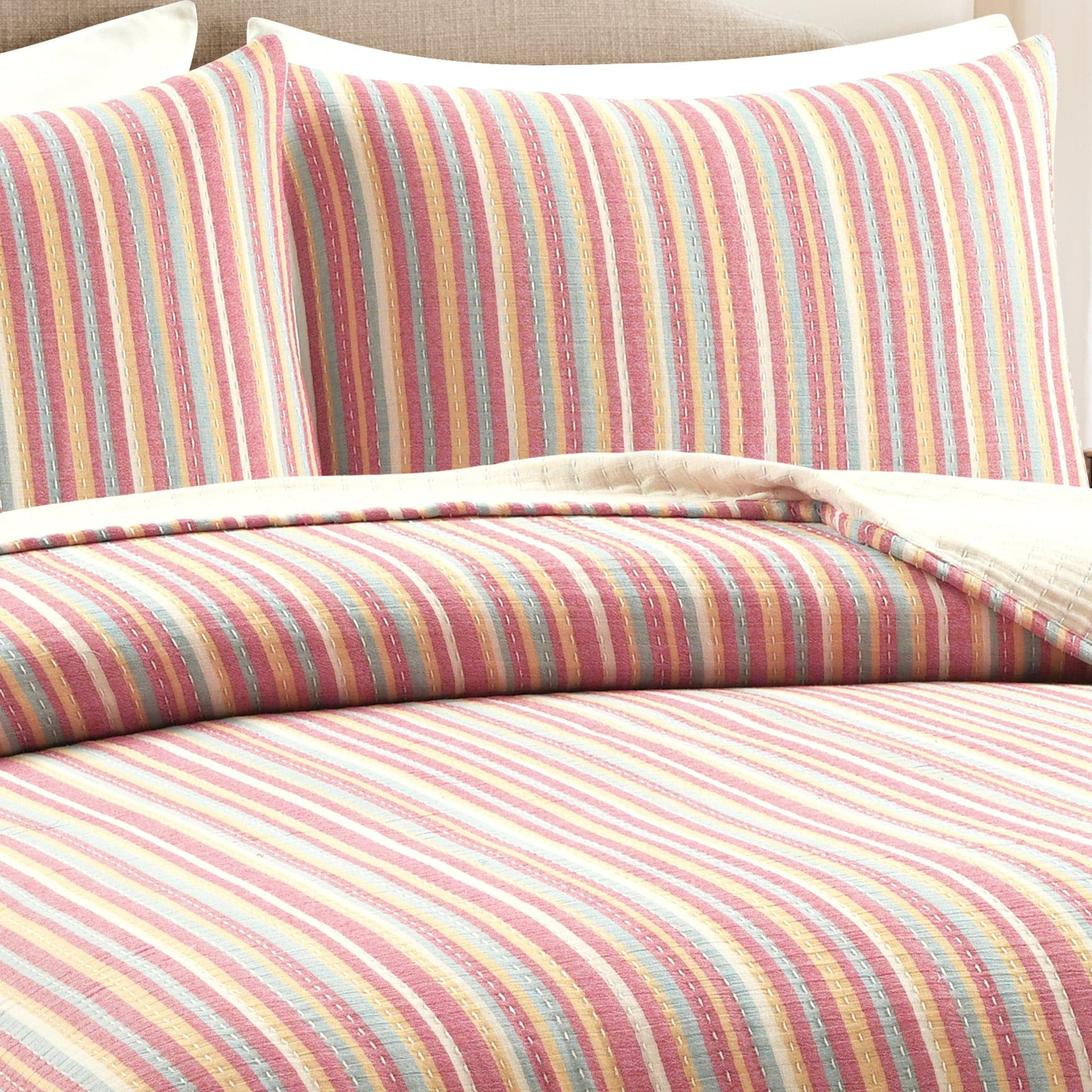 Lush Decor 100% Cotton Tracy Stripe Pick stitch Kantha Yarn Dyed Cotton Woven Quilt/Coverlet Rust/Yellow 3Pc King