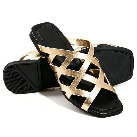 Knivor Cutout Square Toe Slide Sandals for Women Slip On Mules Interwoven Cage Flat Sandals for Dressy Casual Daily Wear Summer Sandals