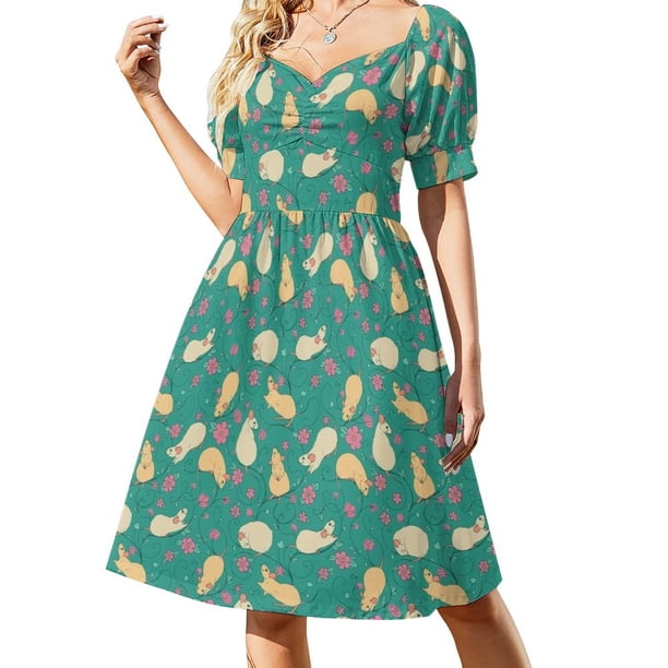 Vestido retro de manga corta con estampado floral de rata en rosa y verde azulado, vestidos de verano para mujer 2025, ropa femenina, traje de verano para mujer, vestido