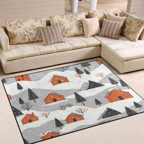 Yayeee Area Rugs for Living Room 5.2'x4' Non Slip Washable Bedroom Floor Carpet, Orange Cartoon Houses