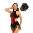 thumbnail image 2 of Haitryli Women Sequin Jazz Dance Outfit Sleeveless Tassel Leotard with Hat Set Performance Dancewear Burgundy XXL, 2 of 7