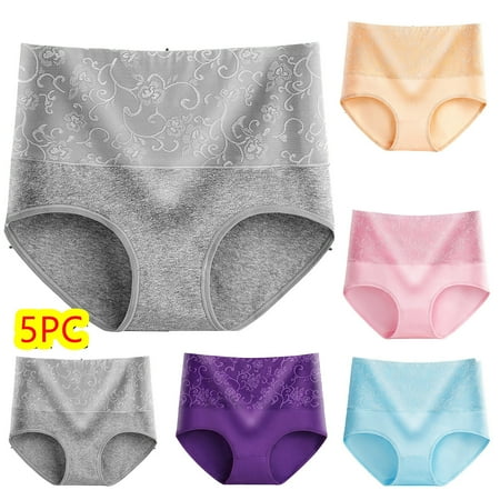 LYEAA Womens Briefs Cotton Underwear Packs of 5 Plus Size High Waisted Cool Breathable Comfort Solid Lace Daily Panties Full Fashionable Underpants Purple 3XL