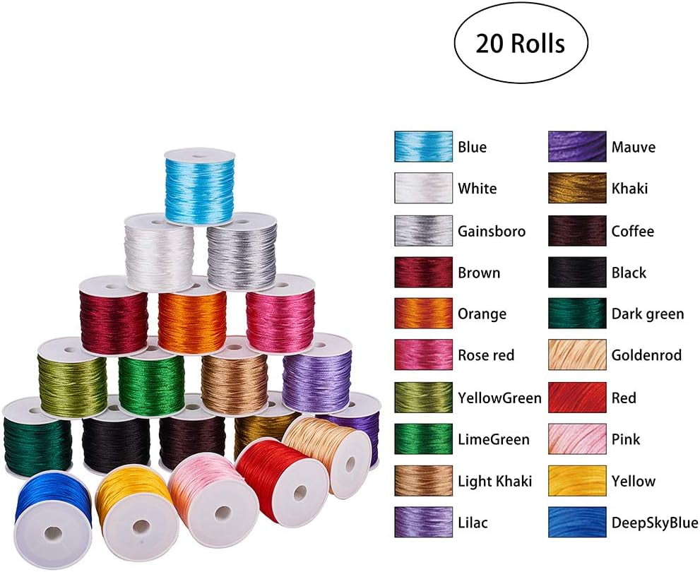 20 Colors 650 Yard Rattail Nylon Cord 1mm Chinese Knotting Cord Shamballa Macrame Thread Beading String for DIY Jewellery Making Kumihimo Friendship Bracelets Sewing