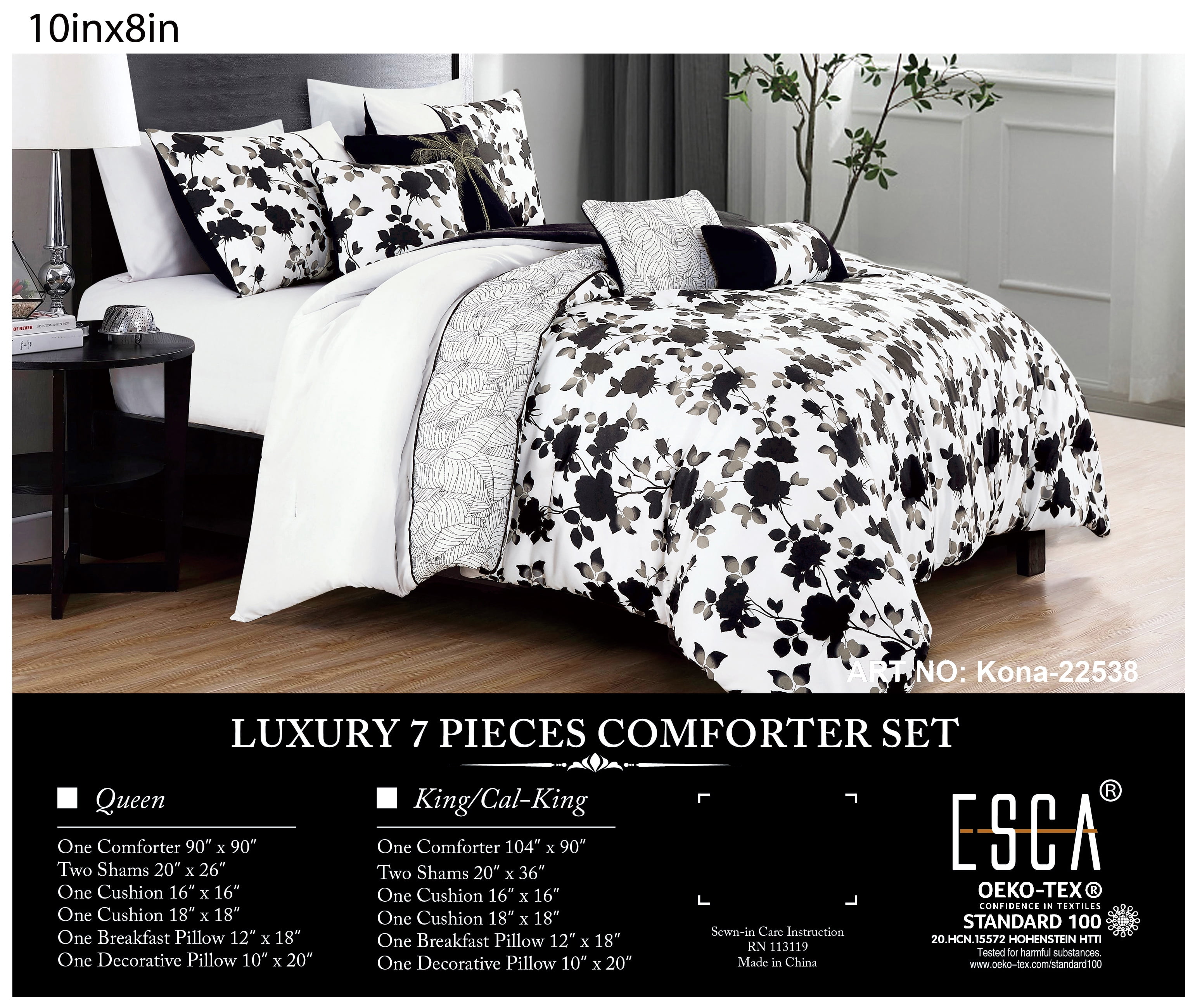 EvJk 7-Piece Comforter Set in Black Leaf & Embroidered Design - Queen Size Bedding Luxuriously Soft, Fashionable Bedding with Decorative Pillows for Elegant Bedroom Styling.